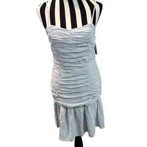 SO Goods For Life Blue Striped Dress L Ruched Bodycon Ruffle Hem Mini NWT Summer